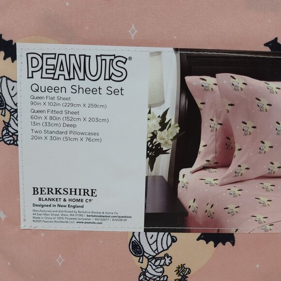 Peanuts Queen Sheet Set By Berkshire Pink Halloween Snoopy Bats - Picture 5 of 7